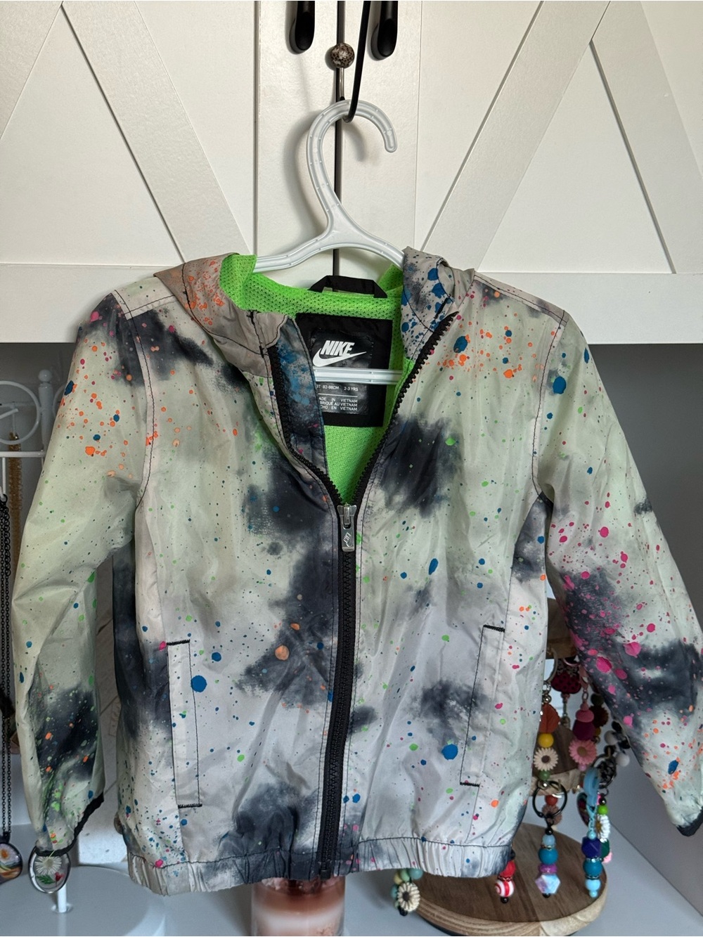 Nike Kids Hooded Raincoat - Gray Paint-Splash with Neon Green Lining
